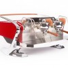 This image is a front-side view of the Slayer Steam X in crimson red, with dura-tex accents, 2 groups at traditional height and manual dosing controls.